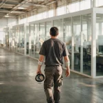 Trabalhador caminhando de costas em um galpão moderno, segurando o capacete