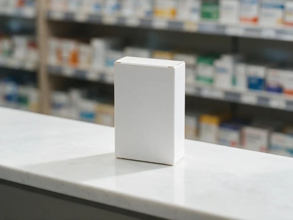 Caixa de medicamento sobre o balcão de uma farmácia moderna