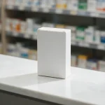 Caixa de medicamento sobre o balcão de uma farmácia moderna