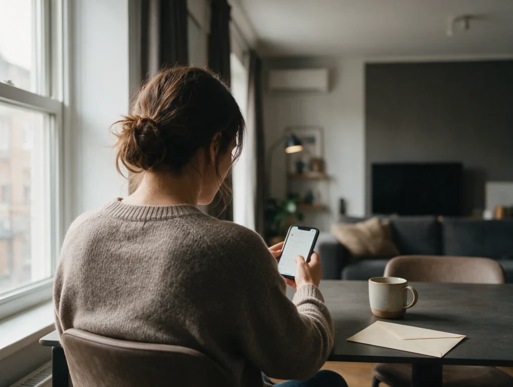 Mulher de costas lendo no celular a resposta do plano de saúde, com um envelope sobre a mesa