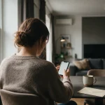 Mulher de costas lendo no celular a resposta do plano de saúde, com um envelope sobre a mesa